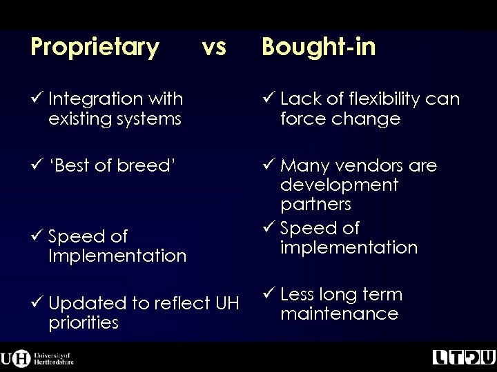 Proprietary vs Bought-in ü Integration with existing systems ü Lack of flexibility can force