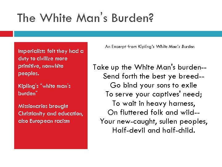 The White Man’s Burden? Imperialists felt they had a duty to civilize more primitive,