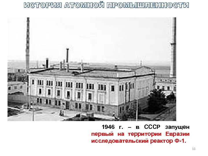 ИСТОРИЯ АТОМНОЙ ПРОМЫШЛЕННОСТИ 1946 г. – в СССР запущен первый на территории Евразии исследовательский