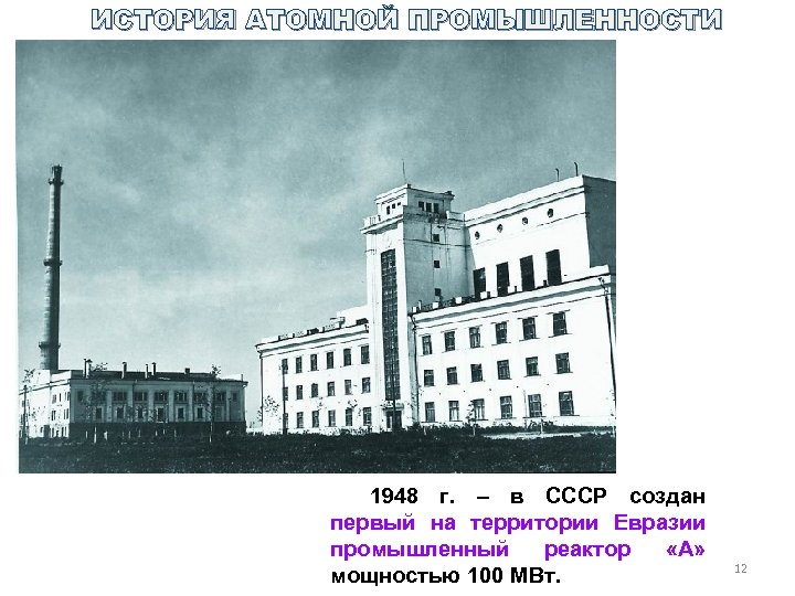 ИСТОРИЯ АТОМНОЙ ПРОМЫШЛЕННОСТИ 1948 г. – в СССР создан первый на территории Евразии промышленный