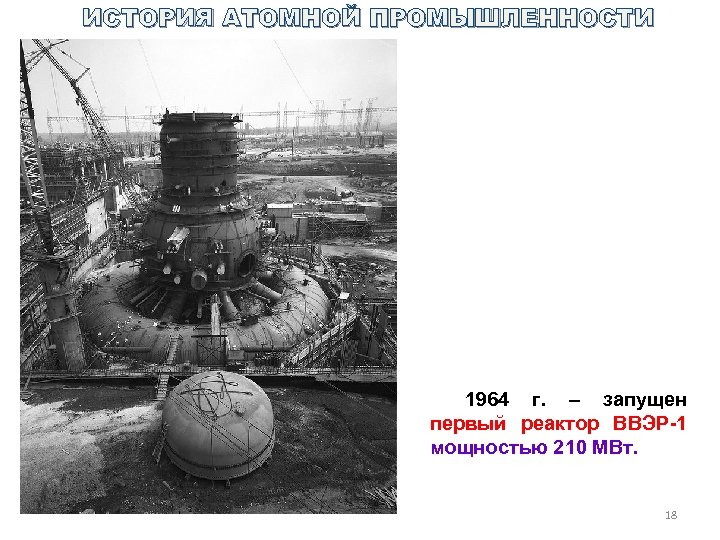 ИСТОРИЯ АТОМНОЙ ПРОМЫШЛЕННОСТИ 1964 г. – запущен первый реактор ВВЭР-1 мощностью 210 МВт. 18
