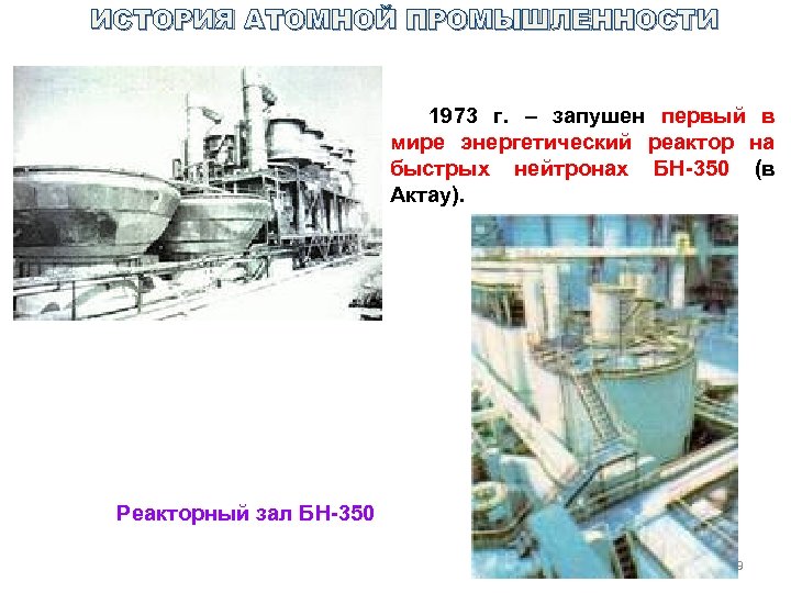 ИСТОРИЯ АТОМНОЙ ПРОМЫШЛЕННОСТИ 1973 г. – запушен первый в мире энергетический реактор на быстрых