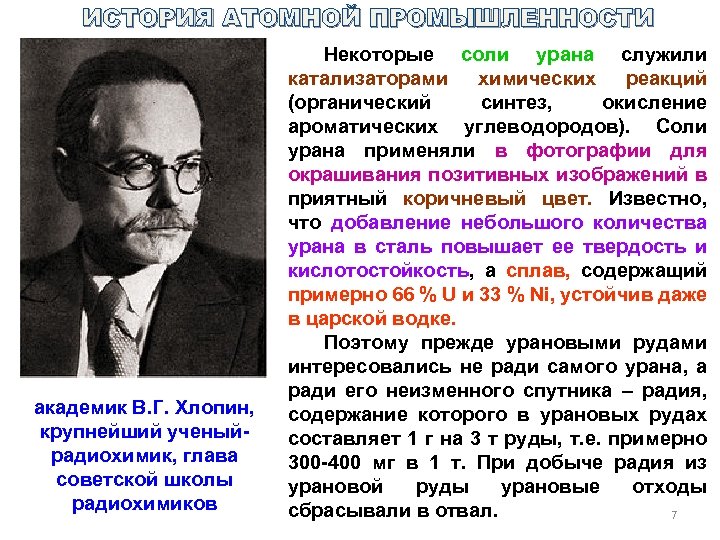 ИСТОРИЯ АТОМНОЙ ПРОМЫШЛЕННОСТИ академик В. Г. Хлопин, крупнейший ученыйрадиохимик, глава советской школы радиохимиков Некоторые