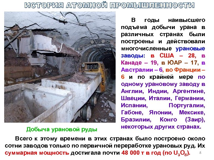 ИСТОРИЯ АТОМНОЙ ПРОМЫШЛЕННОСТИ Добыча урановой руды В годы наивысшего подъема добычи урана в различных