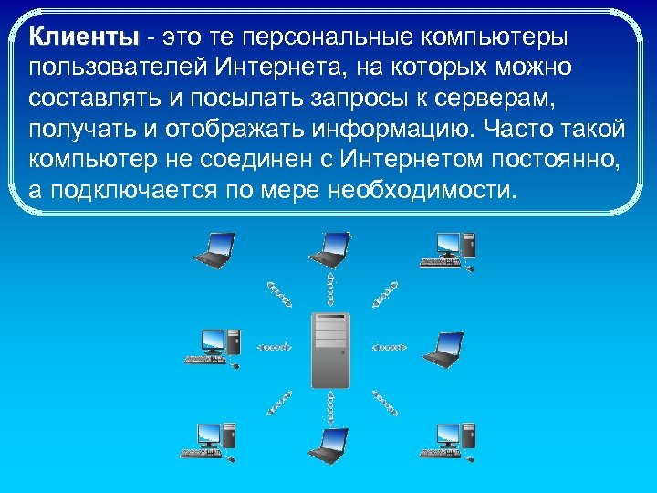 Клиенты - это те персональные компьютеры Клиенты пользователей Интернета, на которых можно составлять и