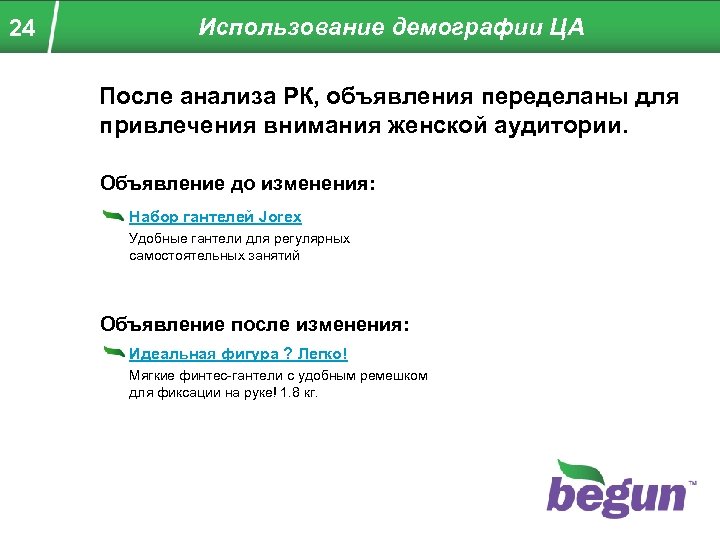 24 Использование демографии ЦА После анализа РК, объявления переделаны для привлечения внимания женской аудитории.