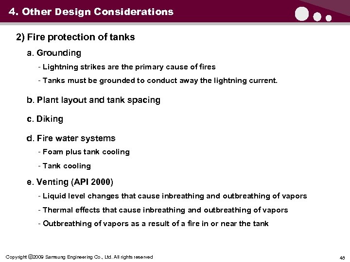 4. Other Design Considerations 2) Fire protection of tanks a. Grounding - Lightning strikes