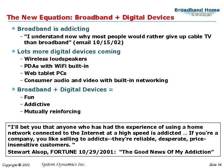 The New Equation: Broadband + Digital Devices • Broadband is addicting – “I understand