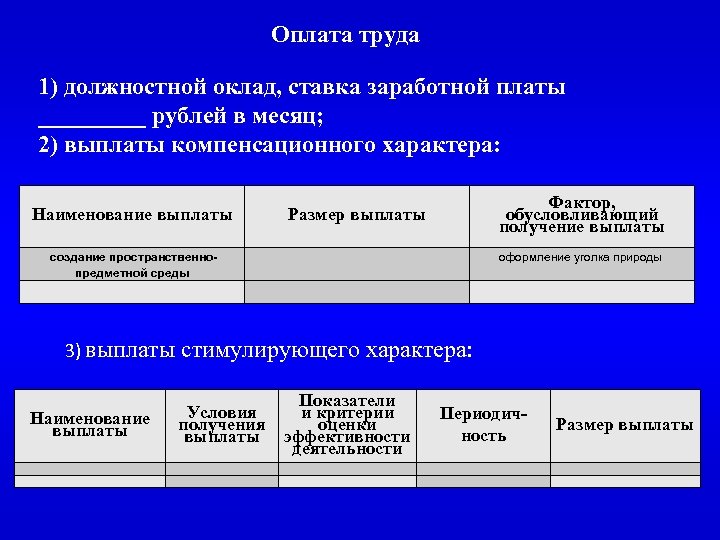 Оплата труда 1) должностной оклад, ставка заработной платы _____ рублей в месяц; 2) выплаты