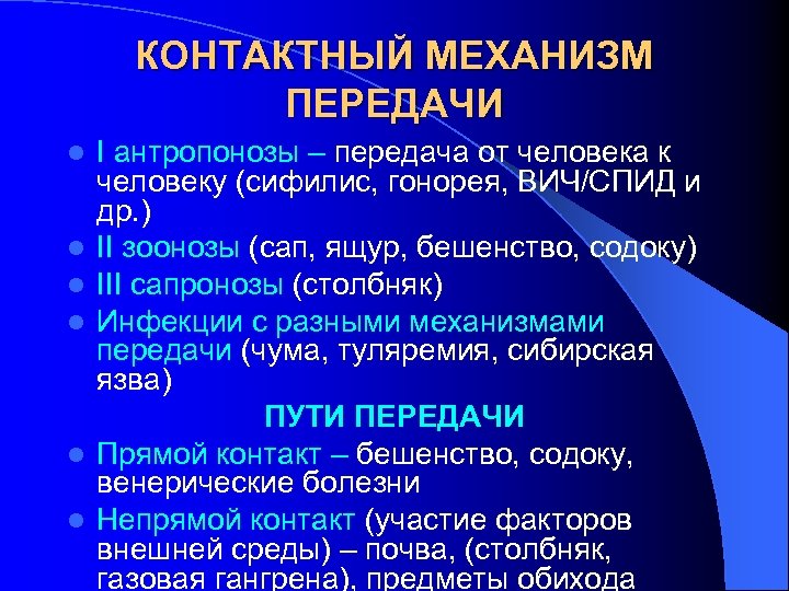 КОНТАКТНЫЙ МЕХАНИЗМ ПЕРЕДАЧИ l l l І антропонозы – передача от человека к человеку