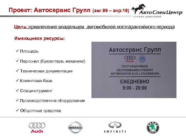 Проект: Автосервис Групп (авг. 09 – апр. 10) Цель: привлечение владельцев автомобилей постгарантийного периода