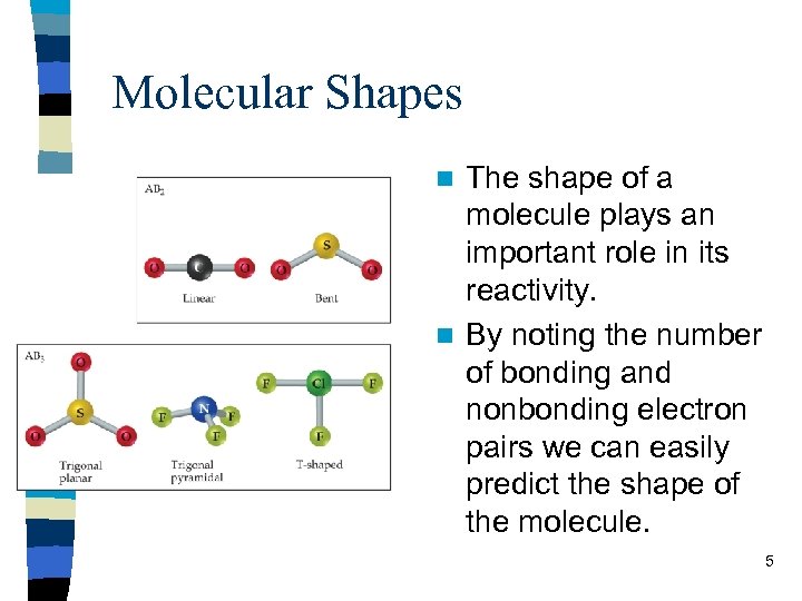 Molecular Shapes The shape of a molecule plays an important role in its reactivity.