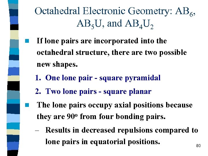 Octahedral Electronic Geometry: AB 6, AB 5 U, and AB 4 U 2 n
