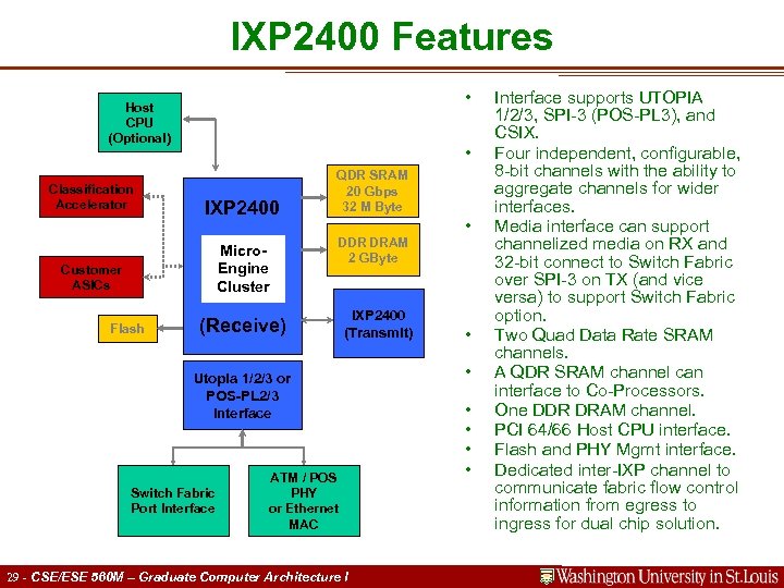 IXP 2400 Features • Host CPU (Optional) Classification Accelerator • IXP 2400 Micro. Engine