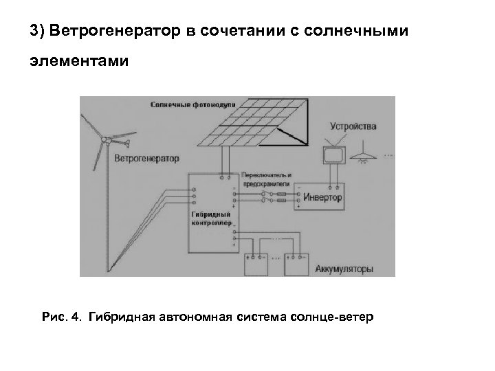 3) Ветрогенератор в сочетании с солнечными элементами Рис. 4. Гибридная автономная система солнце-ветер 