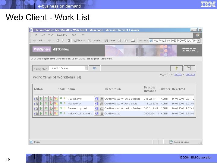 e-business on demand Web Client - Work List 19 © 2004 IBM Corporation 