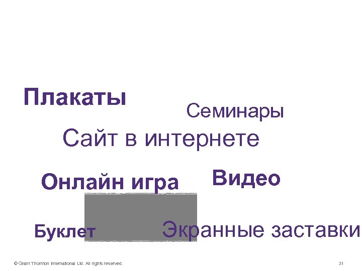Что дальше? Плакаты Семинары Сайт в интернете Онлайн игра Буклет © Grant Thornton International