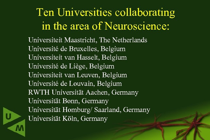 Ten Universities collaborating in the area of Neuroscience: Universiteit Maastricht, The Netherlands Université de