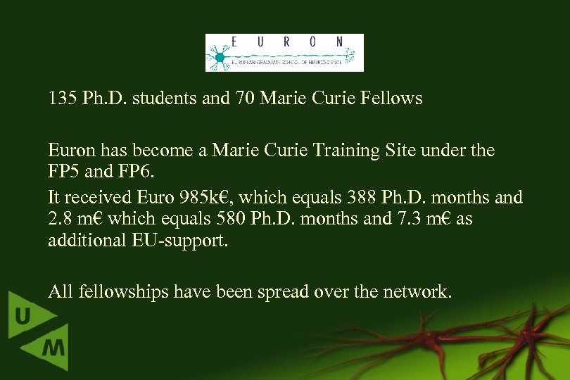 135 Ph. D. students and 70 Marie Curie Fellows Euron has become a Marie