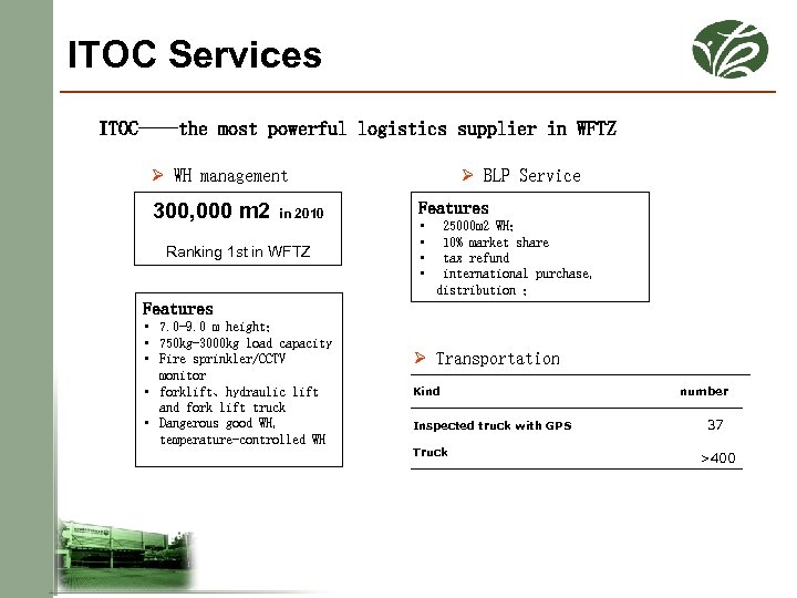 ITOC Services ITOC----the most powerful logistics supplier in WFTZ Ø WH management 300, 000