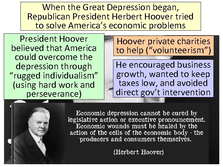 When the Great Depression began, Republican President Herbert Hoover tried to solve America’s economic