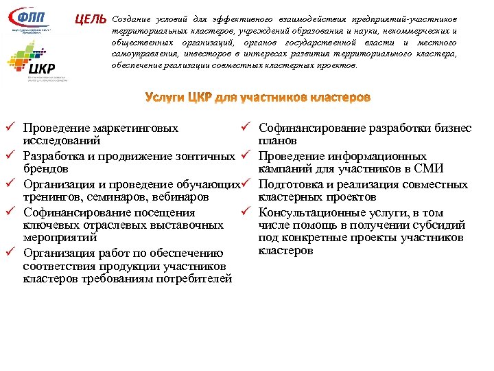 ЦЕЛЬ Создание условий для эффективного взаимодействия предприятий-участников территориальных кластеров, учреждений образования и науки, некоммерческих