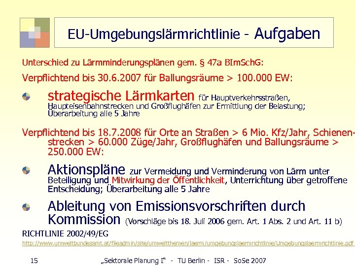 EU-Umgebungslärmrichtlinie - Aufgaben Unterschied zu Lärmminderungsplänen gem. § 47 a BIm. Sch. G: Verpflichtend