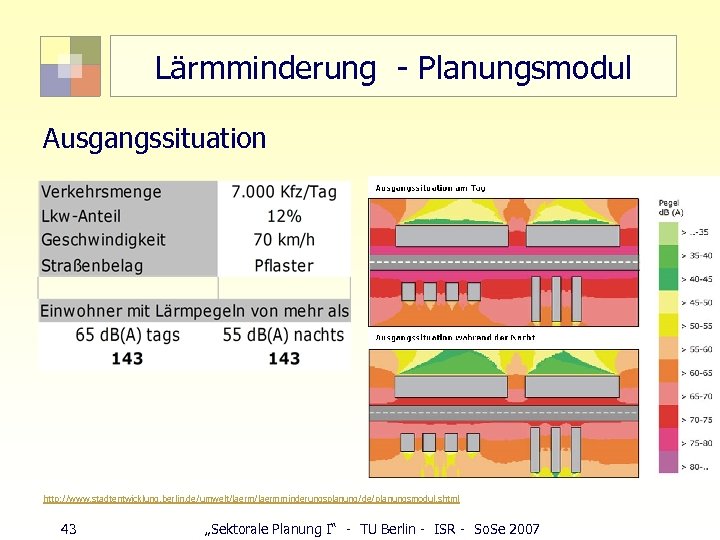 Lärmminderung - Planungsmodul Ausgangssituation http: //www. stadtentwicklung. berlin. de/umwelt/laermminderungsplanung/de/planungsmodul. shtml 43 „Sektorale Planung I“