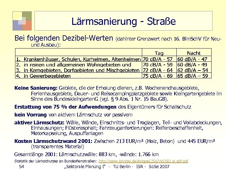 Lärmsanierung - Straße Bei folgenden Dezibel-Werten (dahinter Grenzwert nach 16. Bim. Sch. V für