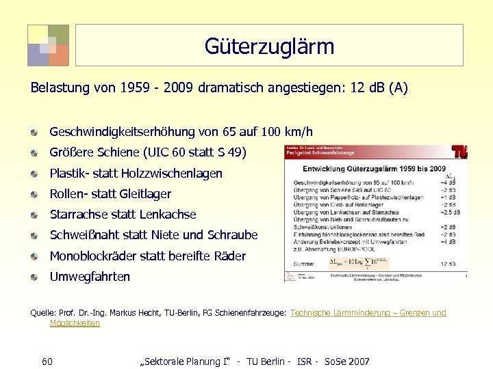 Güterzuglärm Belastung von 1959 - 2009 dramatisch angestiegen: 12 d. B (A) Geschwindigkeitserhöhung von
