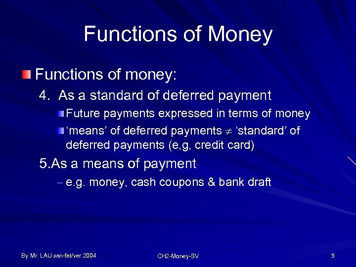 Functions of Money Functions of money: 4. As a standard of deferred payment Future