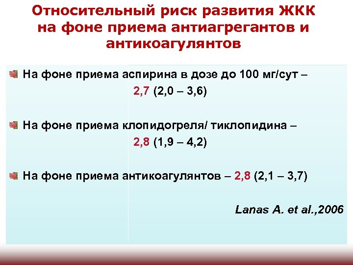 Относительный риск развития ЖКК на фоне приема антиагрегантов и антикоагулянтов На фоне приема аспирина
