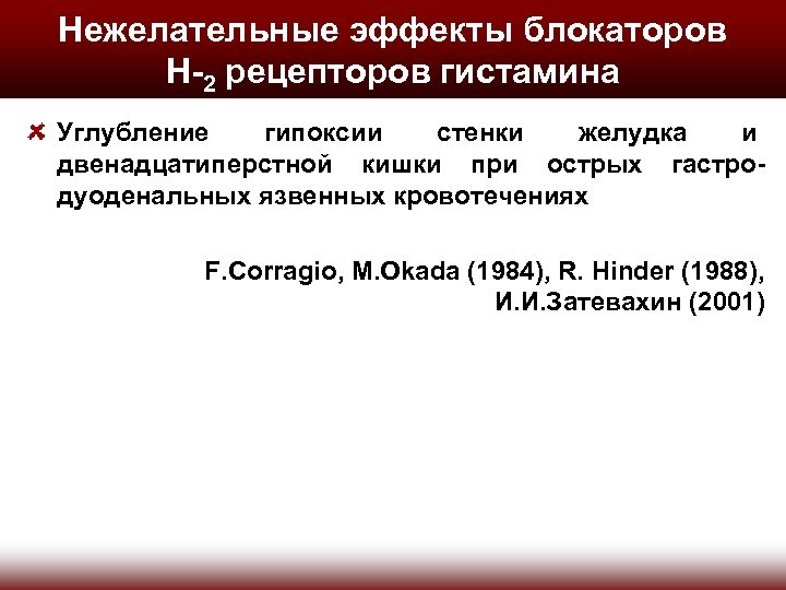 Нежелательные эффекты блокаторов H-2 рецепторов гистамина Углубление гипоксии стенки желудка и двенадцатиперстной кишки при