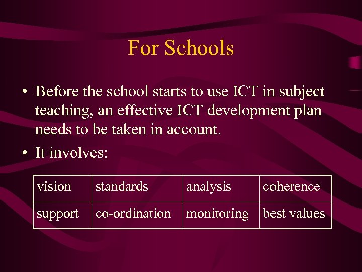 For Schools • Before the school starts to use ICT in subject teaching, an