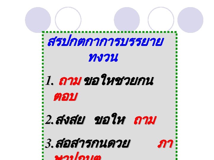 สรปกตกาการบรรยาย ทงวน 1. ถาม ขอใหชวยกน ตอบ 2. สงสย ขอให ถาม 3. สอสารกนดวย ภา 