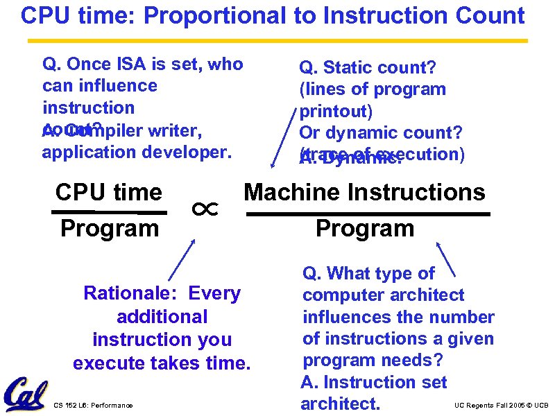 CPU time: Proportional to Instruction Count Q. Once ISA is set, who can influence