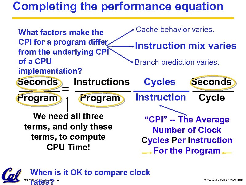 Completing the performance equation What factors make the CPI for a program differ from