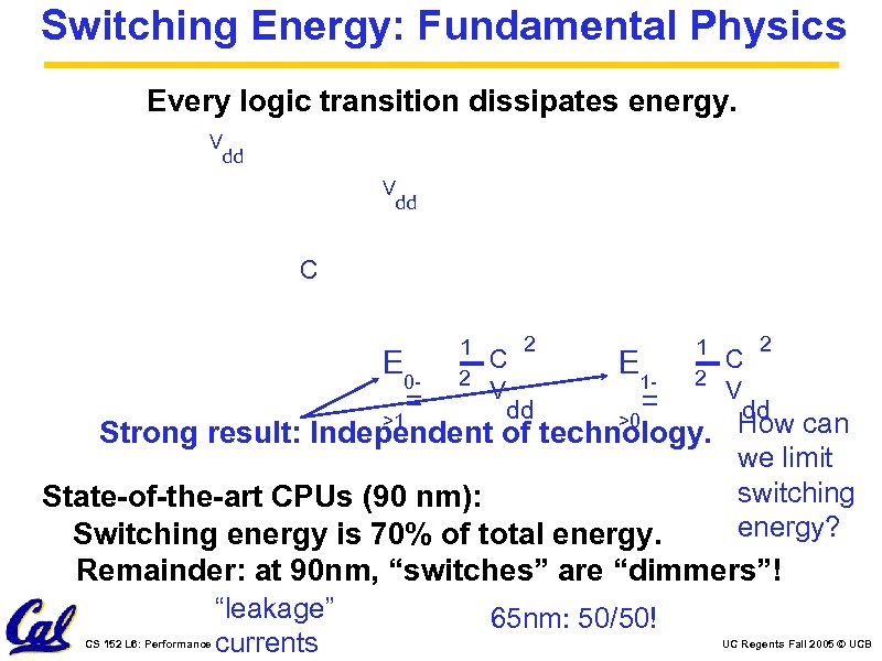 Switching Energy: Fundamental Physics Every logic transition dissipates energy. V dd C 2 1