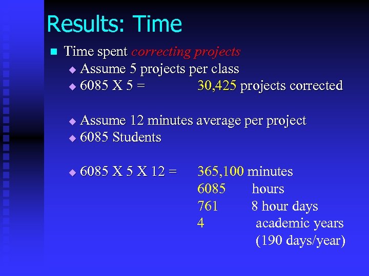 Results: Time n Time spent correcting projects u Assume 5 projects per class u
