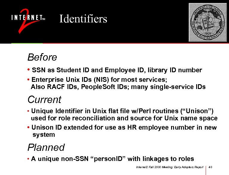 Identifiers Before • SSN as Student ID and Employee ID, library ID number •