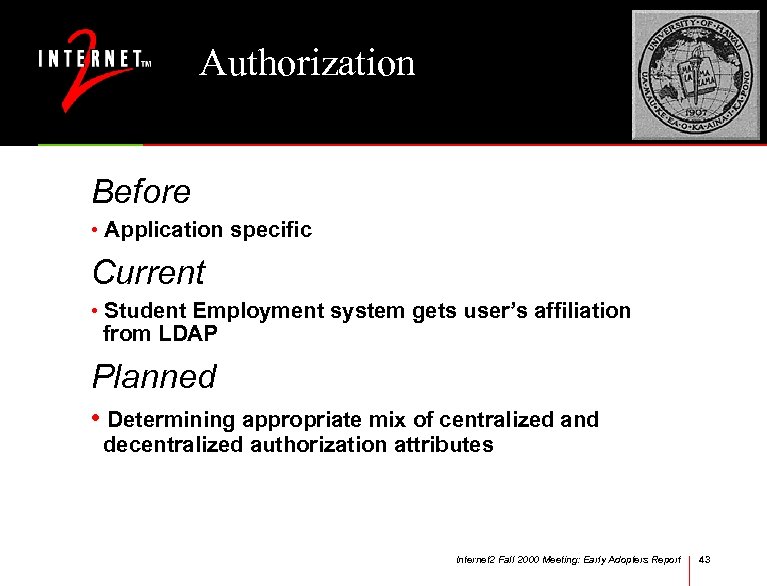 Authorization Before • Application specific Current • Student Employment system gets user’s affiliation from