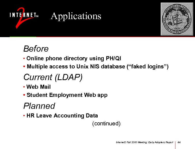 Applications Before • Online phone directory using PH/QI • Multiple access to Unix NIS