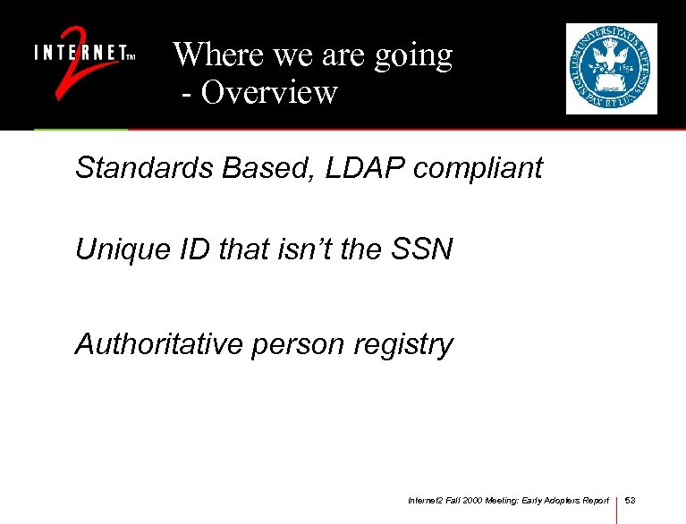 Where we are going - Overview Standards Based, LDAP compliant Unique ID that isn’t