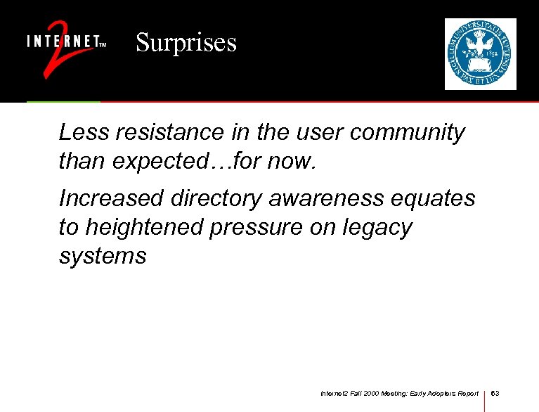 Surprises Less resistance in the user community than expected…for now. Increased directory awareness equates