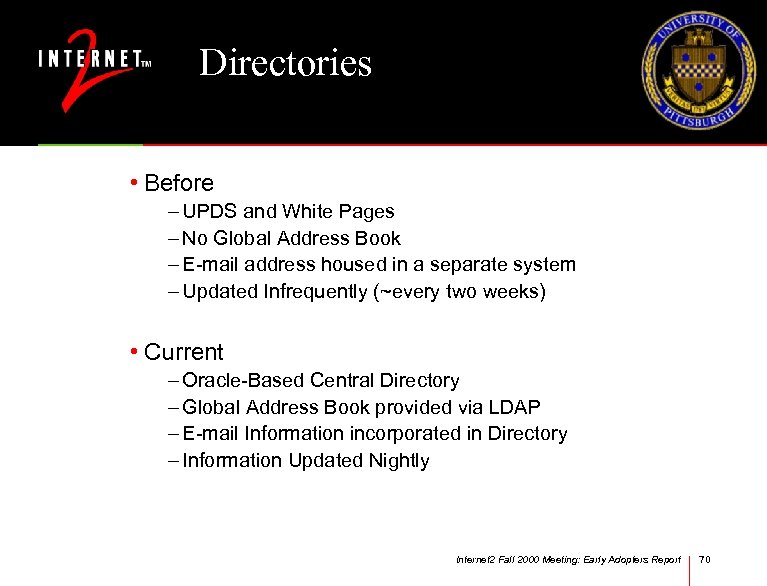 Directories • Before – UPDS and White Pages – No Global Address Book –