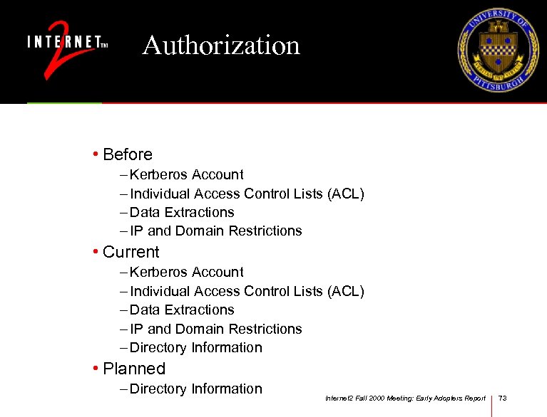 Authorization • Before – Kerberos Account – Individual Access Control Lists (ACL) – Data