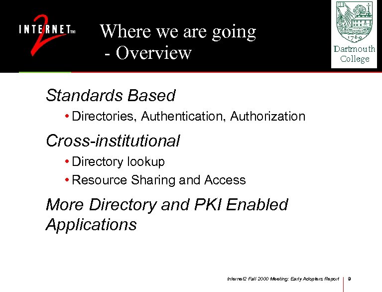 Where we are going - Overview Standards Based • Directories, Authentication, Authorization Cross-institutional •