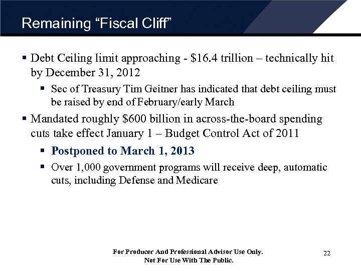 Remaining “Fiscal Cliff” § Debt Ceiling limit approaching - $16. 4 trillion – technically