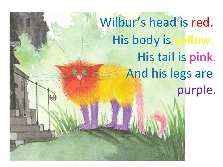 Wilbur’s head is red. His body is yellow. His tail is pink. And his