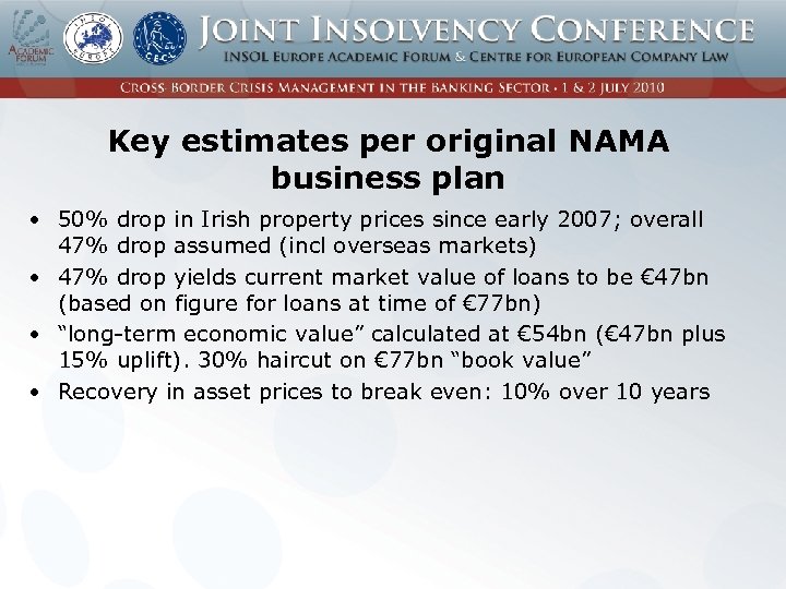 Key estimates per original NAMA business plan • 50% drop in Irish property prices